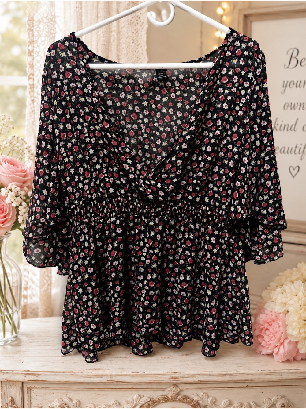 Floral V-Neck Peplum Blouse - Black with Pink & White Flowers 3XL